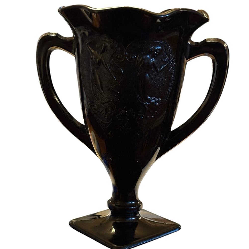 Vintage L.E. Smith Black Amethyst Glass Trophy Vase Dancing Nymphs 1930